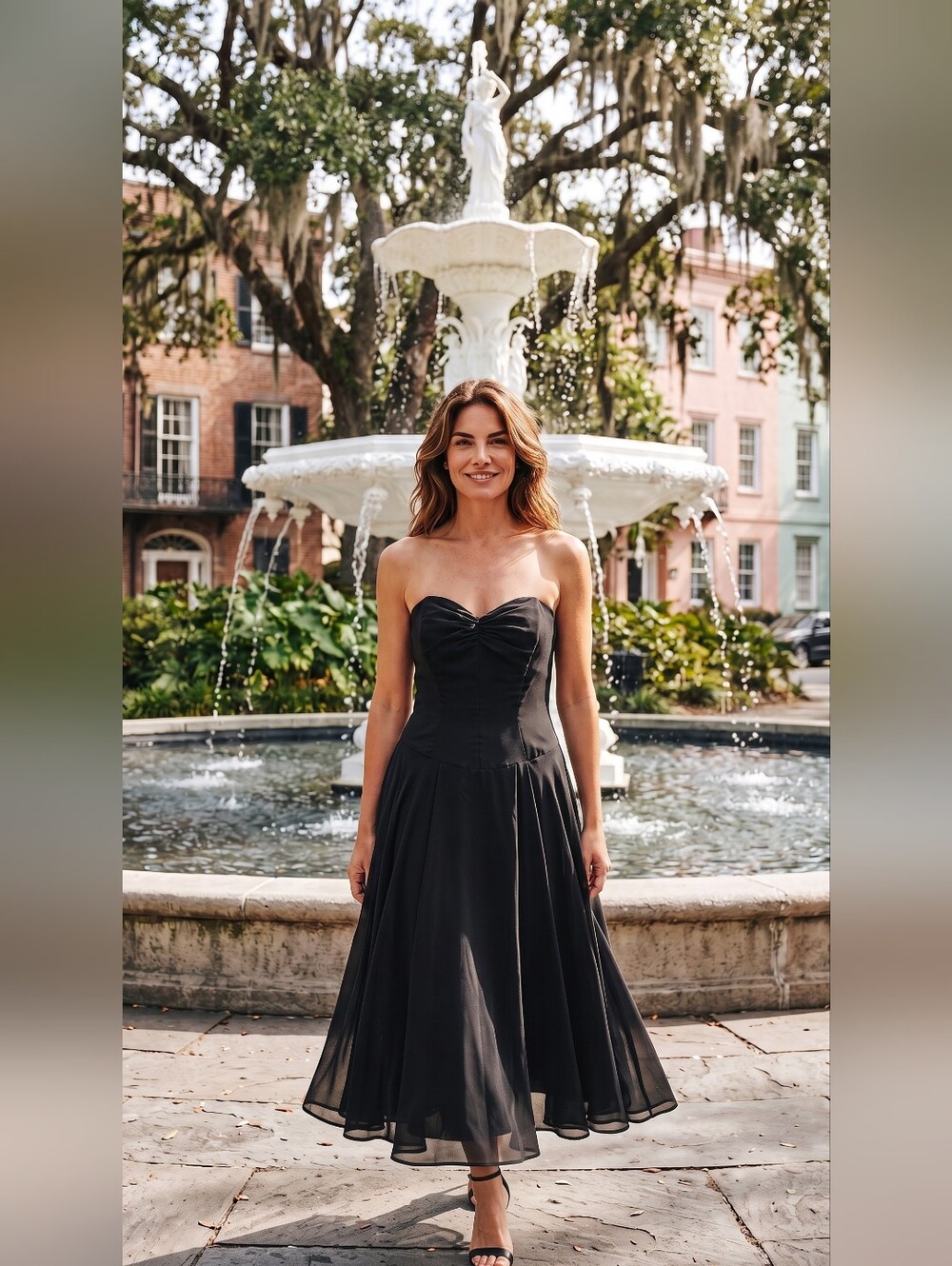 Couture Collection Vintage Black Strapless Black Chiffon Midi Dress